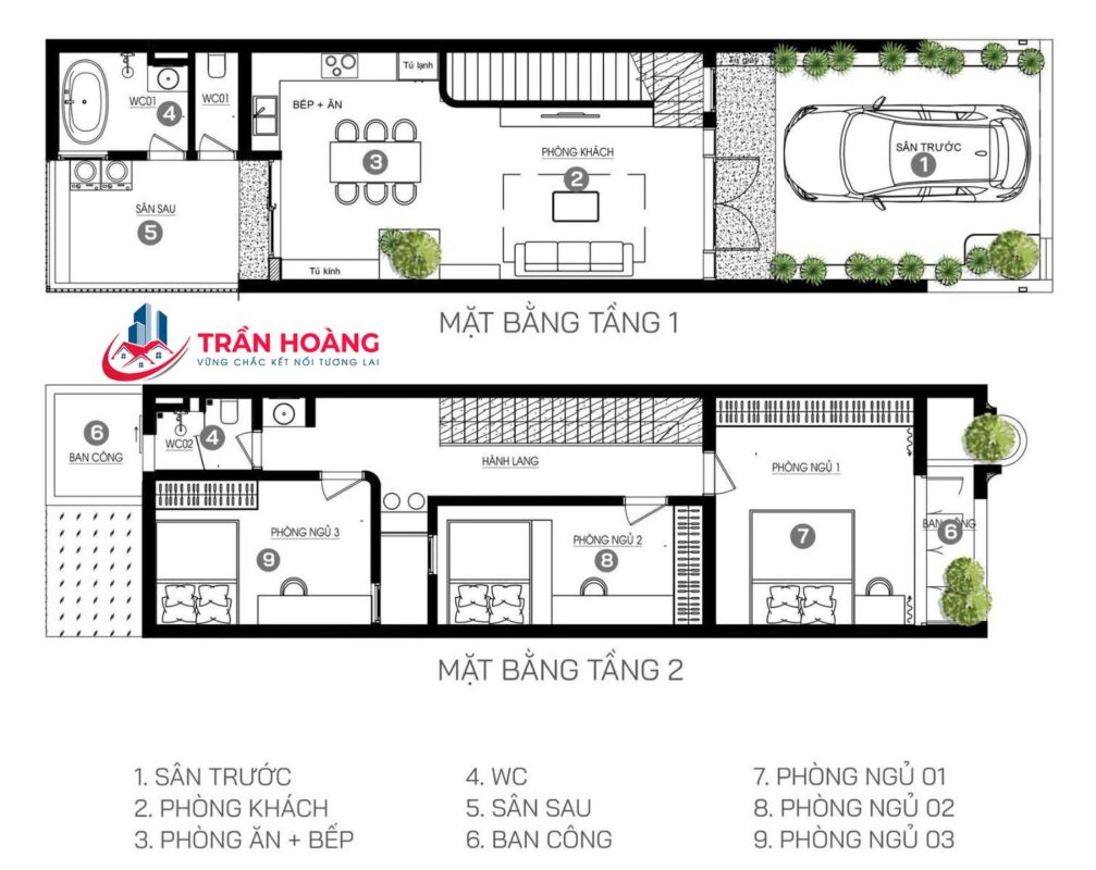 sơ đồ mẫu nhà phố 2 tầng