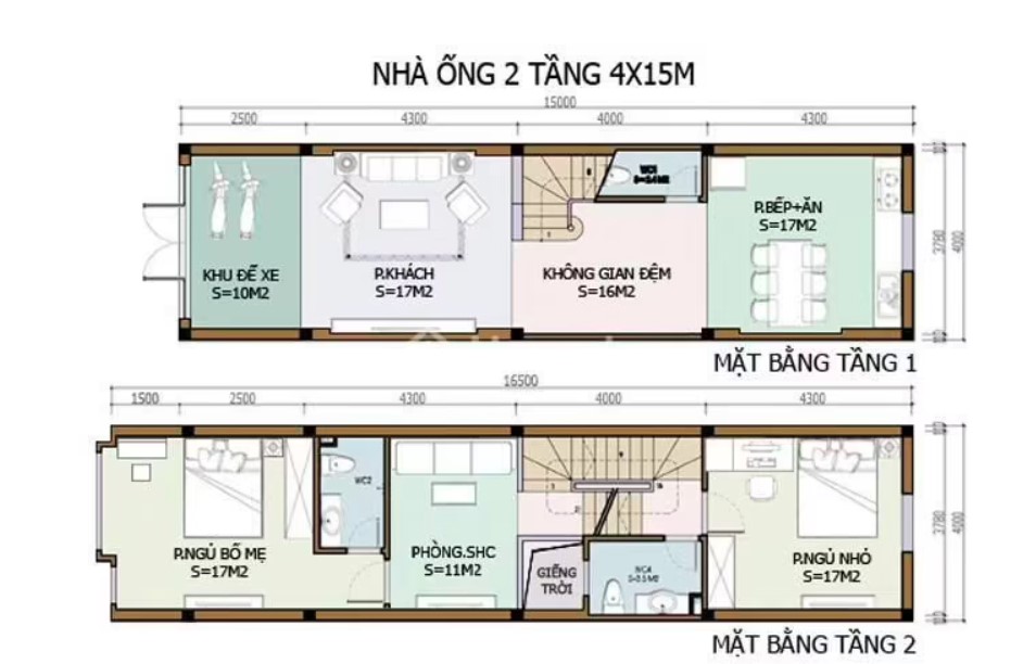 Bản vẽ nhà 2 tầng 4x15 m