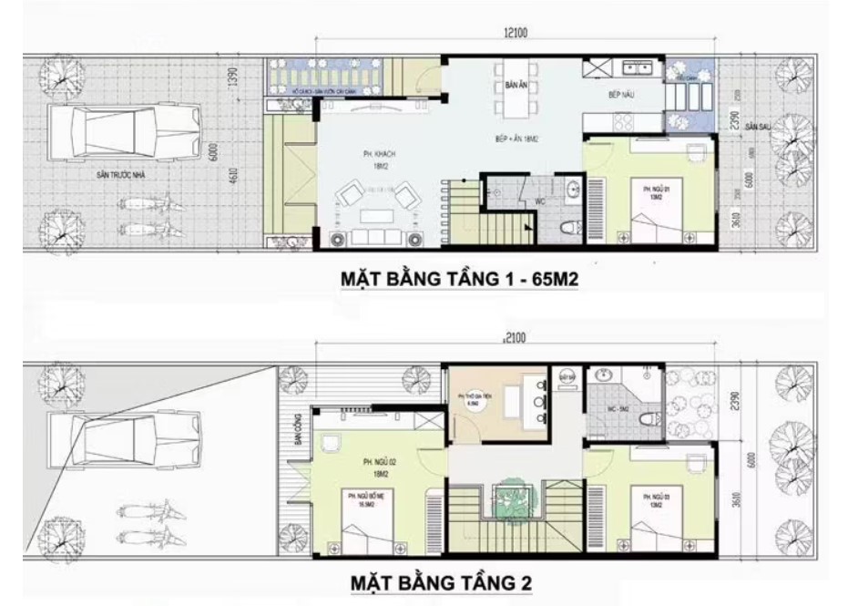 Bản vẽ nhà 2 tầng 6x12m 3 phòng ngủ