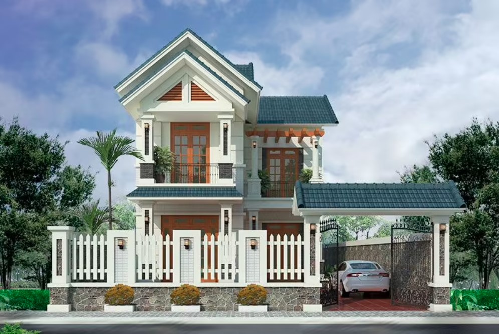 Bản vẽ nhà 2 tầng chữ L sang trọng