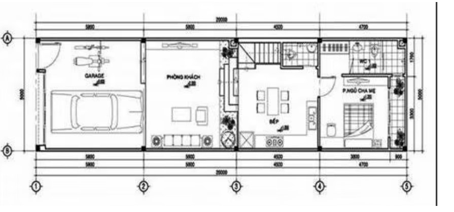 Bản vẽ nhà 2 tầng có gara ô tô