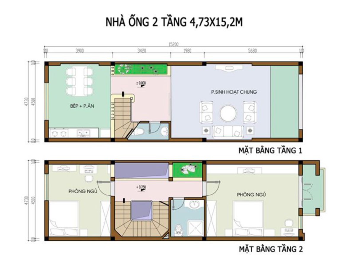 Bản vẽ nhà 2 tầng đẹp 2 phòng ngủ - Diện tích 4,73m x 15,2m