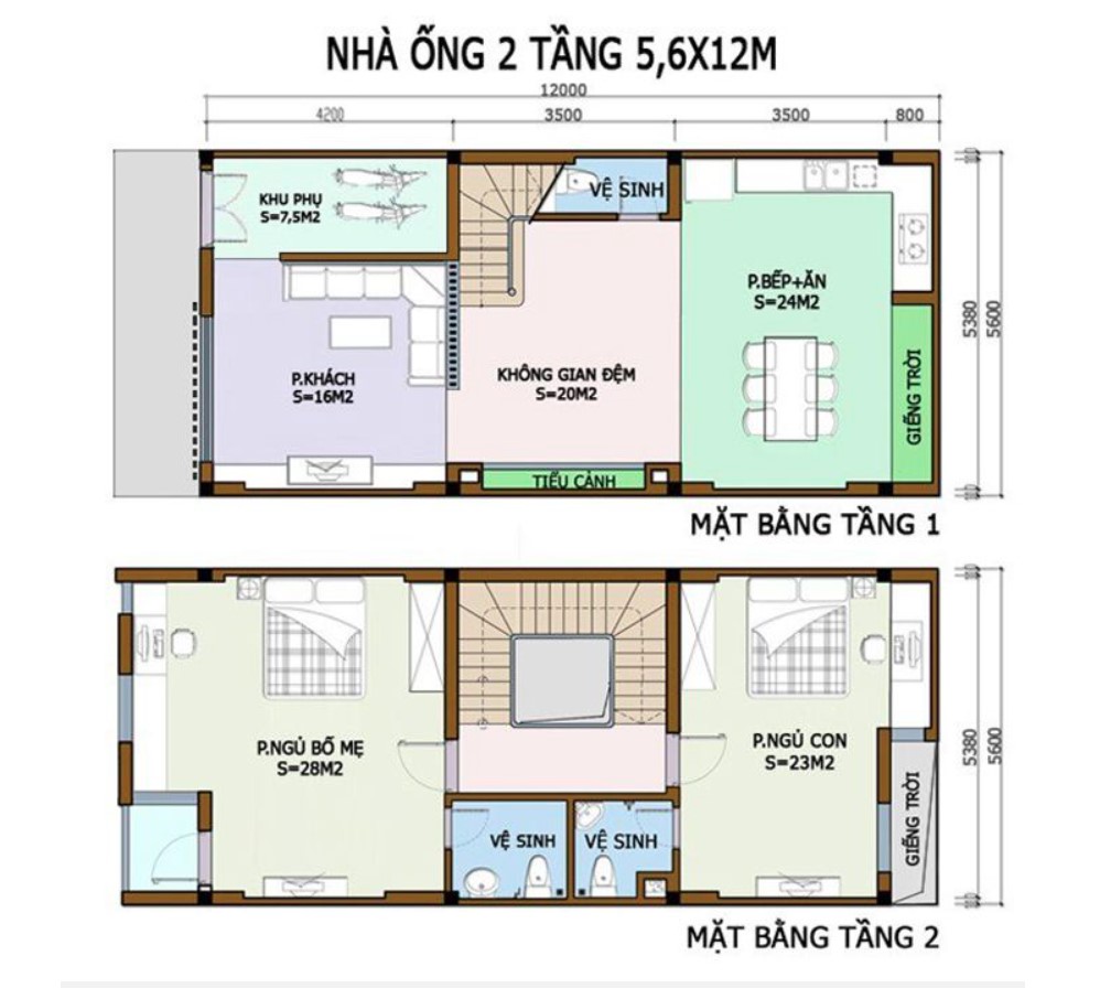 Bản vẽ nhà 2 tầng mái thái đẹp - Diện tích 5,6x12m
