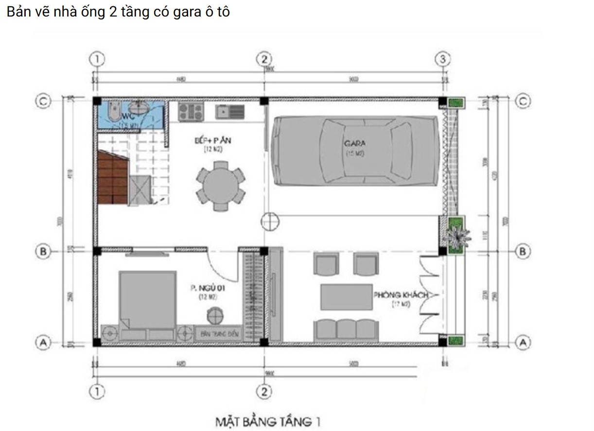 Bản vẽ nhà ống 2 tầng có gara ô tô đẹp