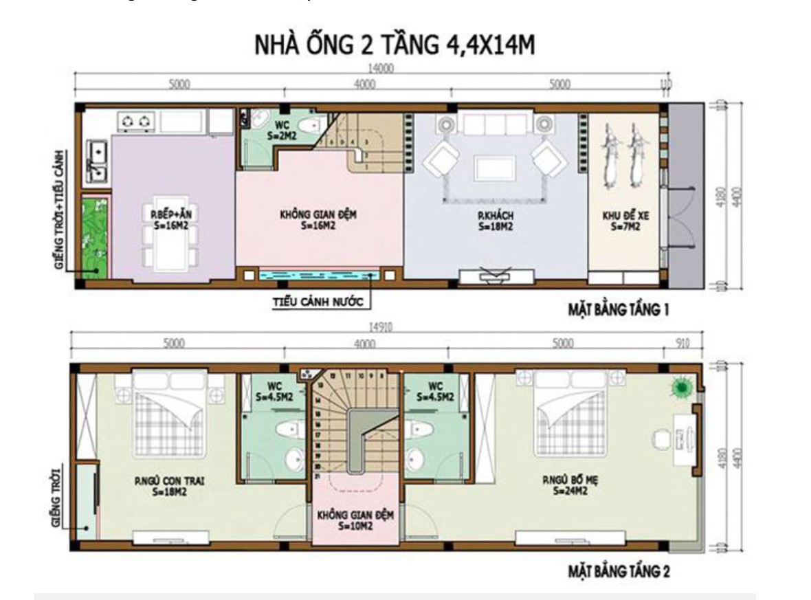 Mẫu bản vẽ nhà 2 tầng kết hợp kinh doanh hoàn hảo - 4,4mx14m